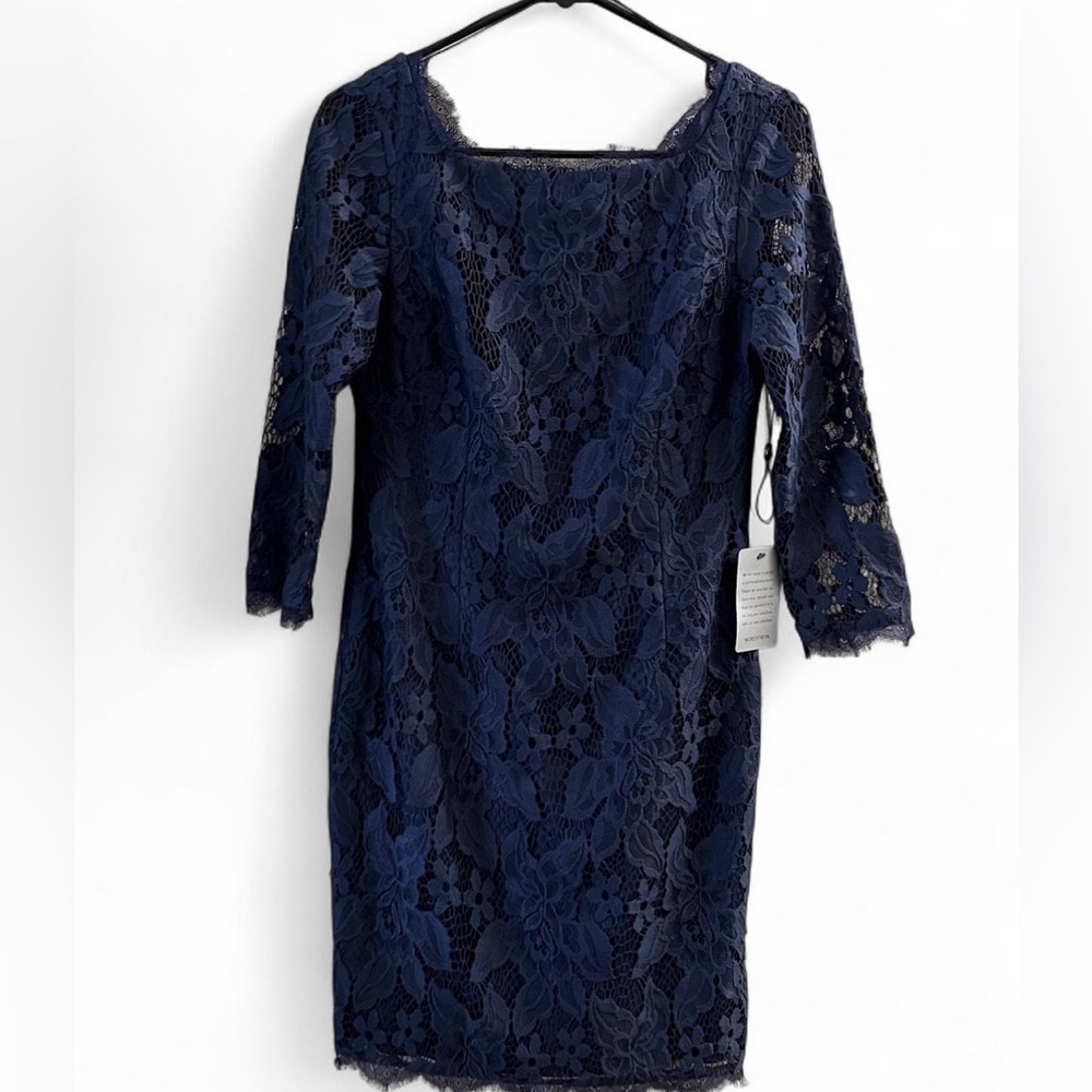 Adrianna Papell Navy Lace Sheath Dress (Size 10)